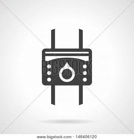 System of heating with heat regulator device. Temperature controller with round switch and buttons. Heated floor equipment. Monochrome black flat design vector icon.