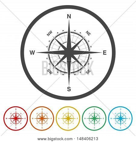 Compass icon set. Compass icon art. Six colors