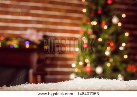 Composite image of room decorated at Christmas time with Christmas tree