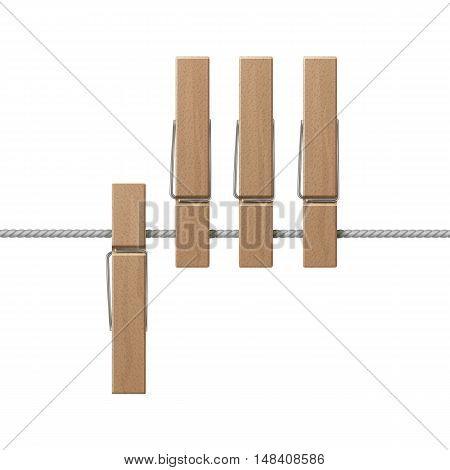 Vector Wooden Clothespins Pegs on Rope Side View Close up Isolated on White Background
