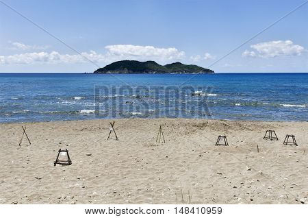 Island of Zakynthos Greece National Marine Park Dafni beach Caretta turtle nest protection on the bottom the Pelouzo island