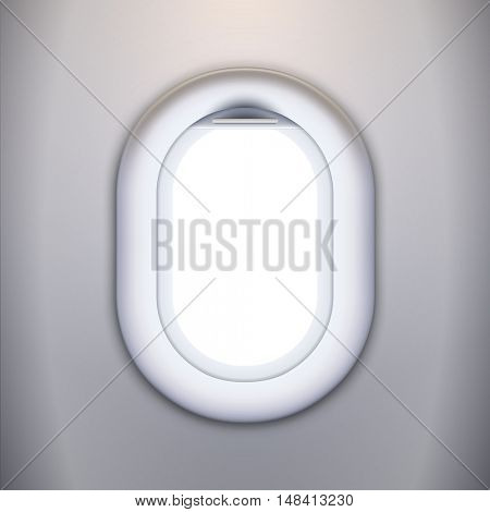 Blank passenger plane window vector template. Standard aircraft viewport with white copy space. 