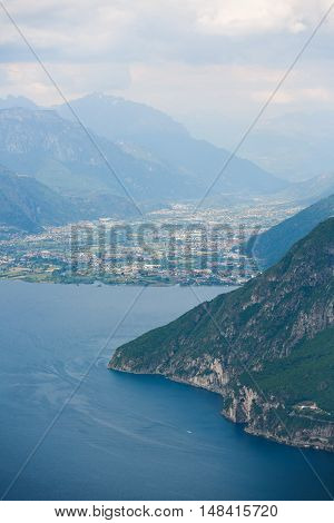 Landscape of Lake Iseo from aerial view North Italy