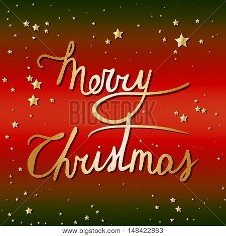 Merry Christmas hand lettering. Golden letters and golden stars on red and green gradient background