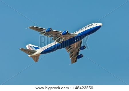 Sharm El Sheikh Egypt - November 28 2010: Boeing 747-200 Transaero Airlines climbing after takeoff from the Sharm El Sheikh International Airport (SSH) Egypt at November 28 2010. Transaero is an airline with its head office on the grounds of Domodedovo In