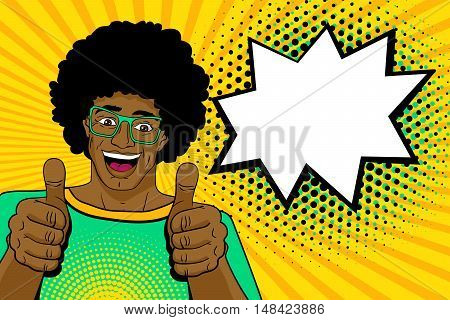 Happy young handsome surprised african man in glasses shows thumb up with open mouth and speech bubble. Vector colorful cartoon background in pop art retro comic style.