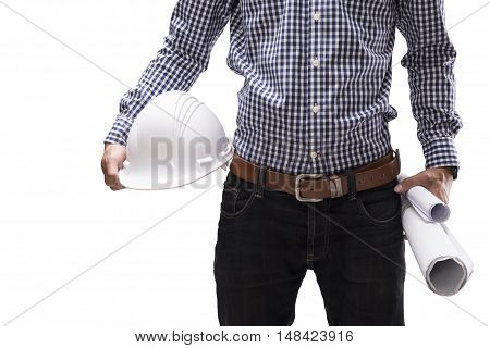 engineer holding construction helmet and rolls of blueprint on isolate white background with clipping mask