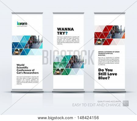 Vector set of modern roll Up Banner stand design with abstract blue geometric shapes on polygonal background with overlap effect for business and finance. Brochure and presentation for exhibition.