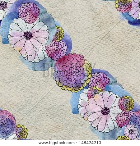 Seamless floral pattern with asters and daisy flowers. Floral watercolor background.