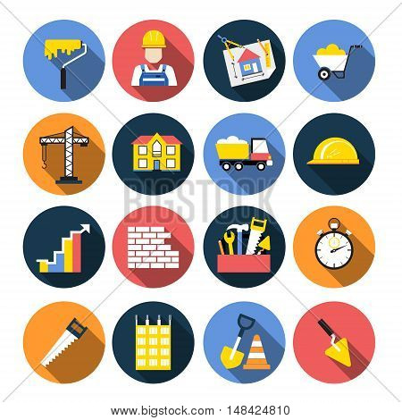 Set of construction icons in flat design with long shadows