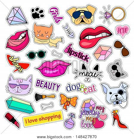 Fashion patch badges. Cats and dogs set. Set of stickers, pins, patches and handwritten notes collection in cartoon 80s-90s comic style. Trend. Vector illustration isolated. Vector clip art.