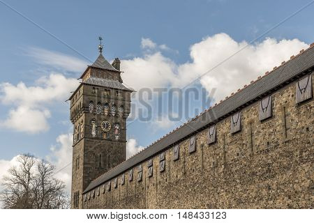 Cardiff castle walls and tower, in Wales
