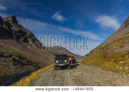 Kola Peninsula, Murmansk region, Russia, September 12, 2016, off-road expedition in a jeep on the Kola Peninsula, the Jeep Wrangler is a compact four wheel drive off road and sport utility vehicle