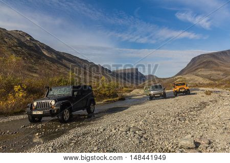 Kola Peninsula, Murmansk region, Russia, September 12, 2016, off-road expedition in a jeep on the Kola Peninsula, the Jeep Wrangler is a compact four wheel drive off road and sport utility vehicle