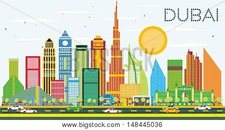 Dubai Skyline with Color Buildings and Blue Sky. Vector Illustration. Business Travel and Tourism Concept with Modern Buildings. Image for Presentation and Banner.