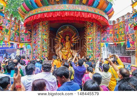 KOLKATA INDIA - OCTOBER 21 2015 : Beautiful interior of decorated Durga Puja pandal at Kolkata West Bengal India. Durga Puja is biggest religious festival of Hinduism.