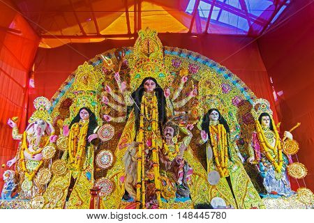 KOLKATA INDIA - OCTOBER 21 2015 : Beautiful interior of decorated Durga Puja pandal at Kolkata West Bengal India. Durga Puja is biggest religious festival of Hinduism.