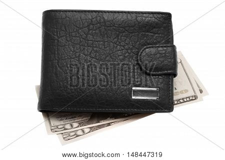 Black leather wallet with money. Isolated on white background