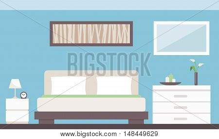 Modern bedroom interior with bed dresser bedside table and decorations