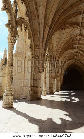 shadows in the arches of Jeronimos monastery  in Lisbon