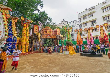 KOLKATA INDIA - OCTOBER 21 2015 : Beautiful exterior of decorated Durga Puja pandal at Kolkata West Bengal India. Durga Puja is biggest religious festival of Hinduism.