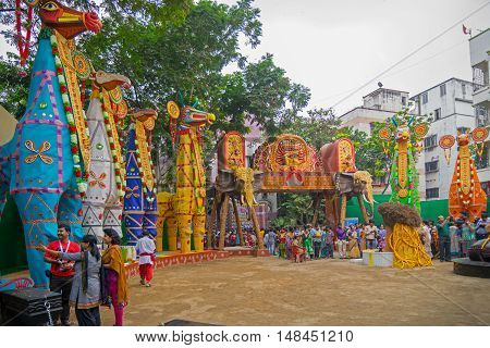 KOLKATA INDIA - OCTOBER 21 2015 : Beautiful exterior of decorated Durga Puja pandal at Kolkata West Bengal India. Durga Puja is biggest religious festival of Hinduism.