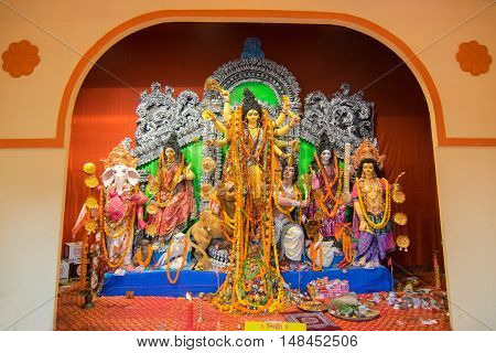 KOLKATA INDIA - OCTOBER 21 2015 : Beautiful interior of decorated Durga Puja pandal at Kolkata West Bengal India. Durga Puja is biggest religious festival of Hinduism.