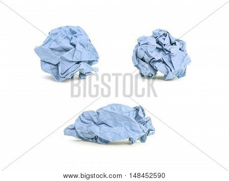 Closeup group of blue crumpled paper isolated on white background