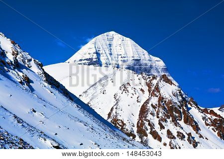 North face of Mount Kailash (elevation 6638 m), which are part of the Transhimalaya in Tibet. It is considered a sacred place in four religions: Bon, Buddhism, Hinduism and Jainism.