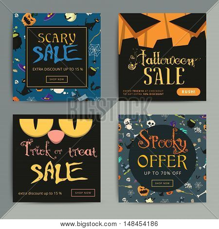 Set of creative social media sale web banners design for online shop or store. Trendy vector ad offer or clearance on Happy Halloween holiday.
