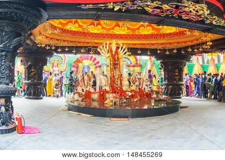 KOLKATA INDIA - OCTOBER 21 2015 : Beautiful interior of decorated Durga Puja pandal at Kolkata West Bengal India. Durga Puja is biggest religious festival of Hinduism.