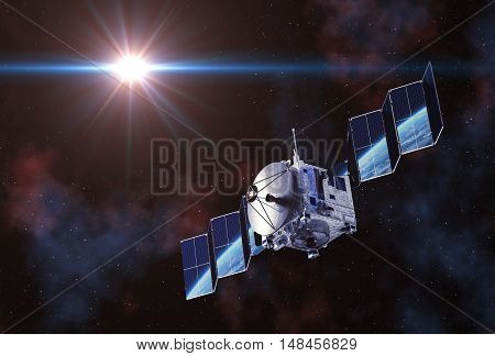 Satellite Deploys Solar Panels And Earth Reflected In Them. 3D Illustration.