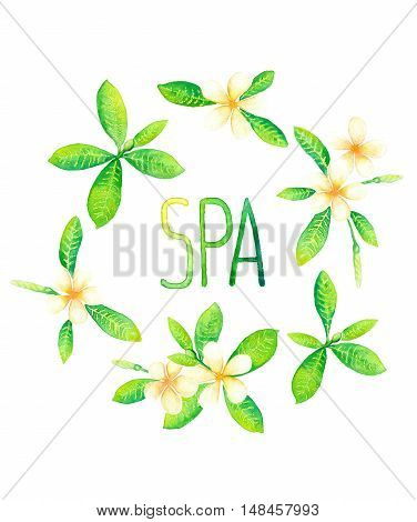 Tiare flowers and spa lettering watercolor painting