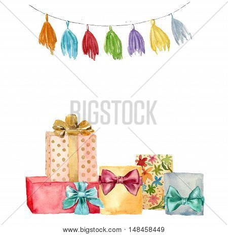 Watercolor greeting card. Hand painted illustration with tassel garland and birthday gifts set with bow isolated on white background