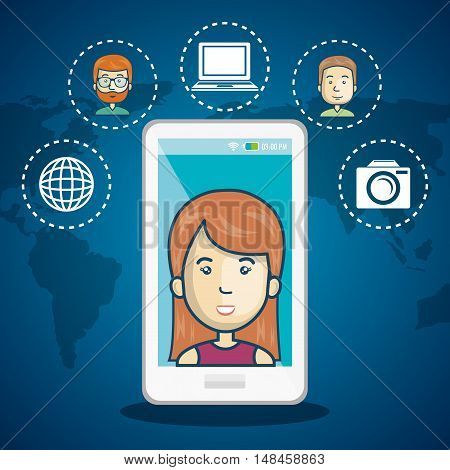 cartoon woman white smartphone connection web world graphic vector illustration eps 10