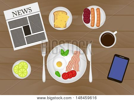 Vector breakfast time illustration with fresh food and drinks in flat style.  Mealtime