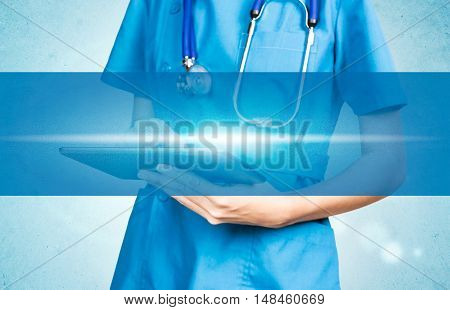 Medical female doctor using tablet background of visual display screen for add any text.