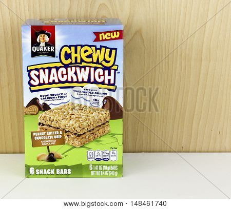 Spencer Wisconsin - September 22 2016 Box of Quaker Chewy Snackwich Bars Quaker Oats company was founded in 1901