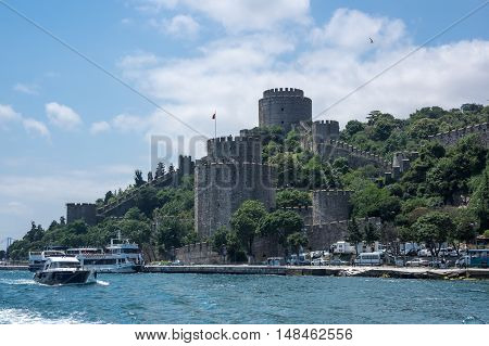 ISTANBUL TURKEY - JUNE 25 2015: Rumelihisari (also known as Rumelian Castle and Roumeli Hissar Castle) is a fortress located in Istanbul Turkey on a hill at the European side of the Bosphorus