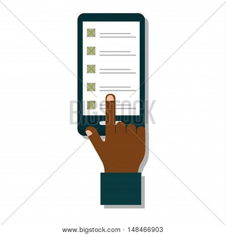 Touch screen mobile phone in hand media vector information. Communication display message hand with phone telephone blank. Internet technology device hand with phone showing touch gadget.