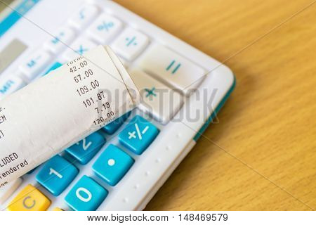 Close Up Of Receipt Paper And Caculator, Payment