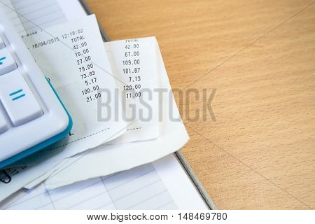 Close Up Of Receipt Paper And Caculator, Payment