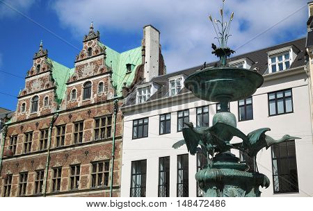 Fountain Stork on Amagertorv square at the city centre in Copenhagen Denmark