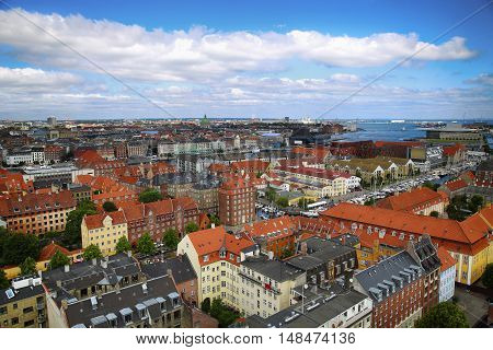 Panoramic view of Copenhagen from church Vor Frelsers Kirke in Copenhagen Denmark