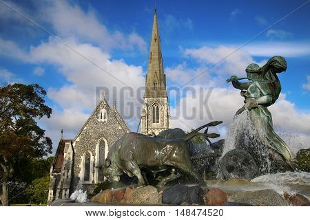 St. Alban's church (Den engelske kirke) and fountain in Copenhagen Denmark