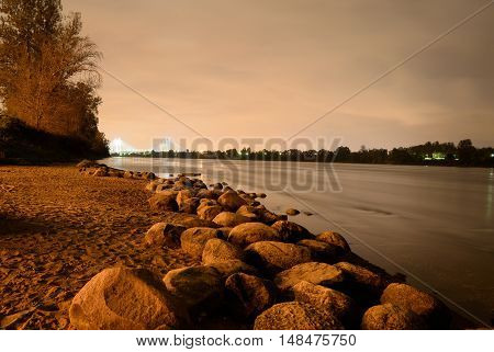 View of Neva River at night in St.Petersburg Russia.