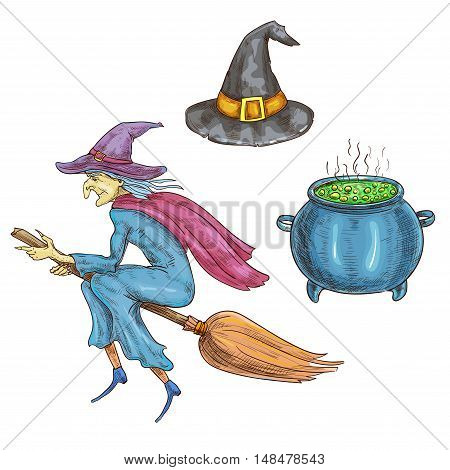 Witch character with Halloween sorceress elements. Isolated sketch icons of hag with hat flying on broom, boiling cauldron with magic potion. Halloween cards and posters decorations