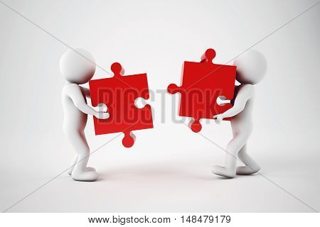 White businesspeople build a company with puzzle. Concept of parthership and teamwork. 3D rendering.