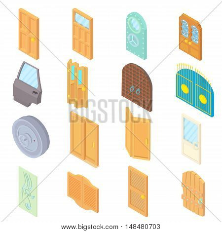 Door icons set in isometric 3d style. Doors to houses and buildings set collection vector illustration icons set in style.