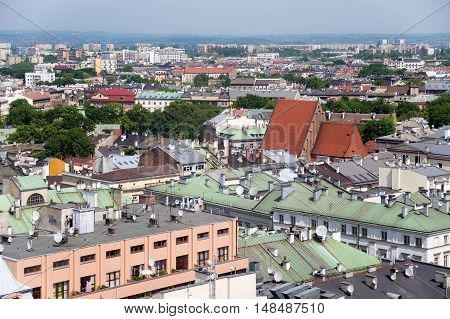 Aerial view of the roofs of houses in the historic part of Krakow. Poland.